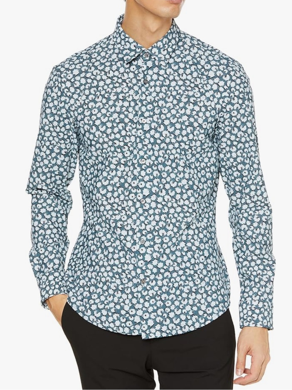 Boss Men's Printed Nylon-Stretch Sport Blue Floral Button-Up Shirt